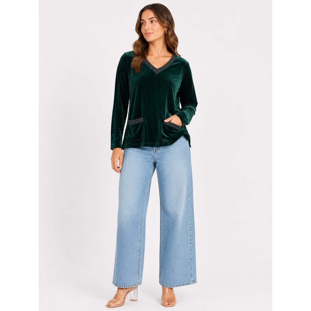 Russ‎ Velour Tunic Top Womens Large Green V-Neck Metallic Trim Holiday Sweater